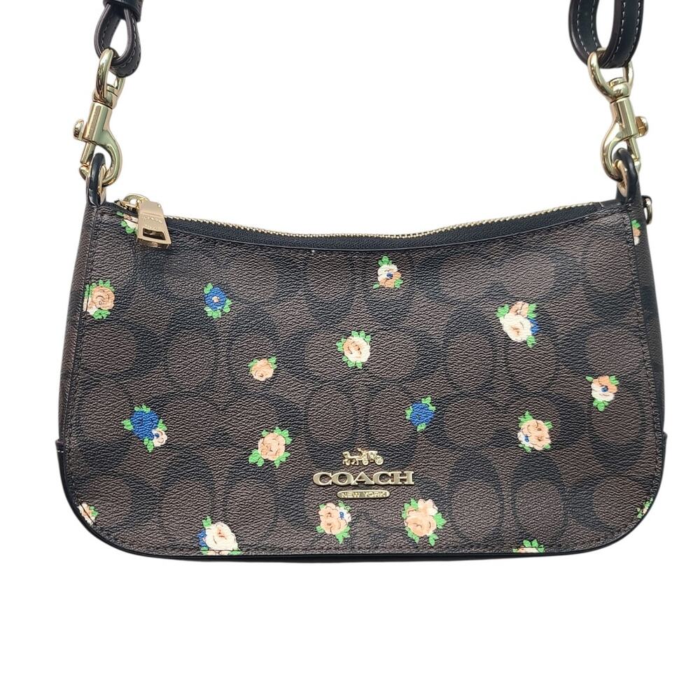 Coach Jes Baguette Crossbody Bag Signature Vintage Mini Rose Floral Brown C6823